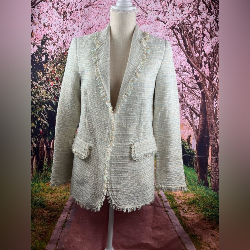 Le Superbe Size:2 Women Tweed Blazer Green Metallic/Neutrals Button Closure